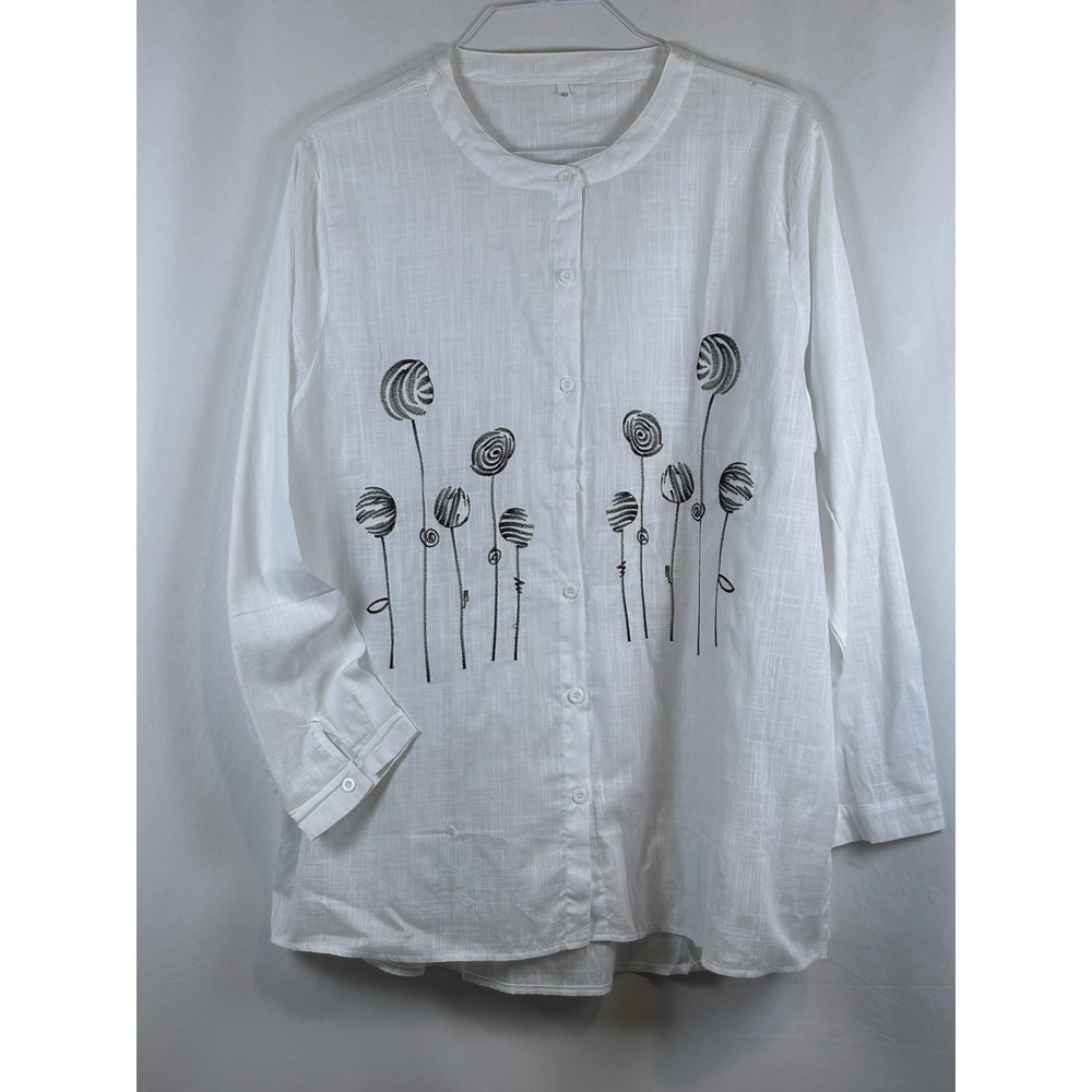 Unbranded Button Up Tunic Women 5XL White Good Embroidered Band Collar Blouse